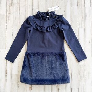 NWT Janie & Jack Navy Blue Ponte Faux Fur Dress | Ruffle Collar | Girls 5